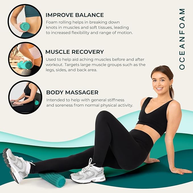 Oceanfoam Ripple Travel Foam Roller (11" x 3.35") Firm Mini Foam Roller for Physical Therapy, Deep Tissue Massage, Back Pain - High Density, Ergonomic Wave Textured - Yoga, Pilates, Exercise (Jade)