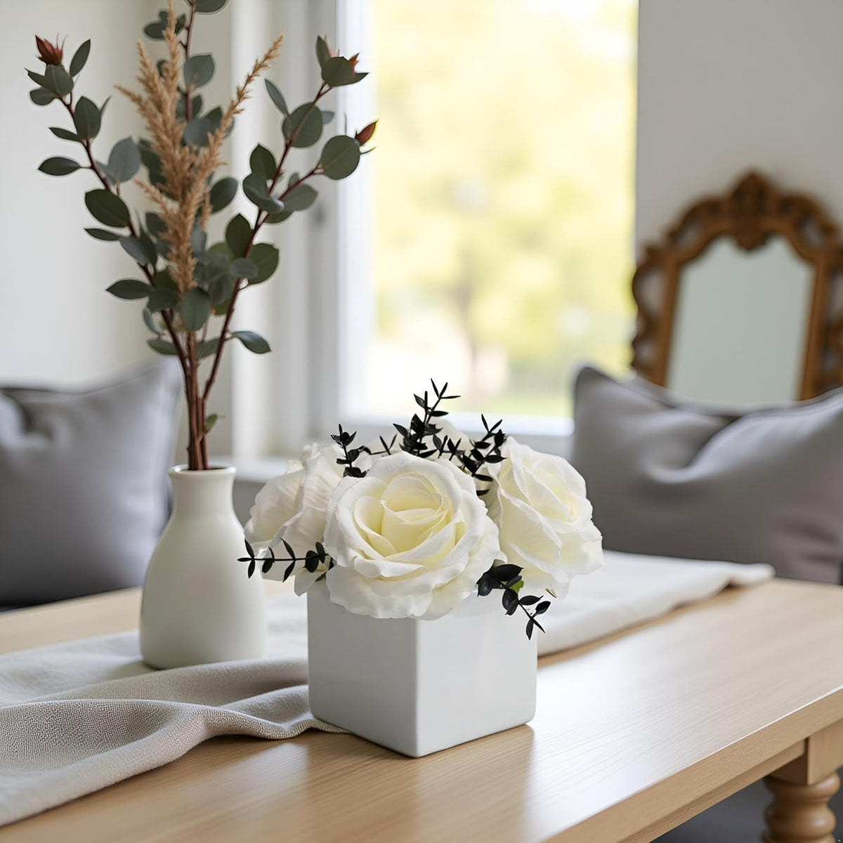 NAWEIDA Artificial Flowers with Vase, White Rose Faux Floral Arrangement with Black Eucalyptus, Minimalist Small Flower Decor for Desk, Coffee Table, Modern Home Decoration