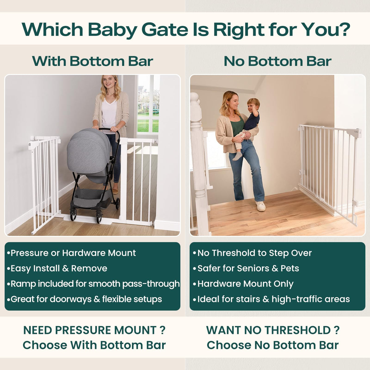 Cumbor 29.7-46" Baby Gate for Stairs, Toddler Safety Essentials for The House, Auto Close Dog Gate for Doorways, Mom's Choice Awards Winner-Easy Install Pressure Mounted Pet Gates for Dogs, White