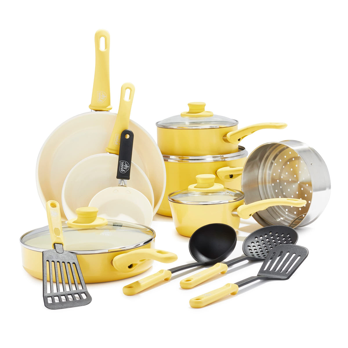 GreenLife 16 Piece Nonstick Cookware Set, Soft Grip Non-Toxic PFAS-Free Ceramic Pots & Pans, Dishwasher & Oven Safe, Frying, Sauce, Saute, Utensils, Glass Lids, Stay-Cool Handles, Wobble Free, Yellow
