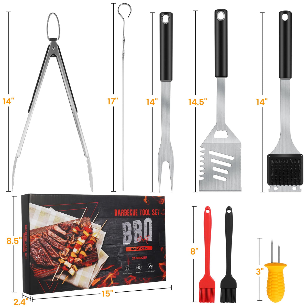 Grill Accessories Kit, Grill Tool Set with 4-in-1 BBQ Spatula, Fork, Tongs, Cleaner Brush, Skewers, Silicone Corn Holders, Silicone Brush, Grilling Gift Set for Men and Women