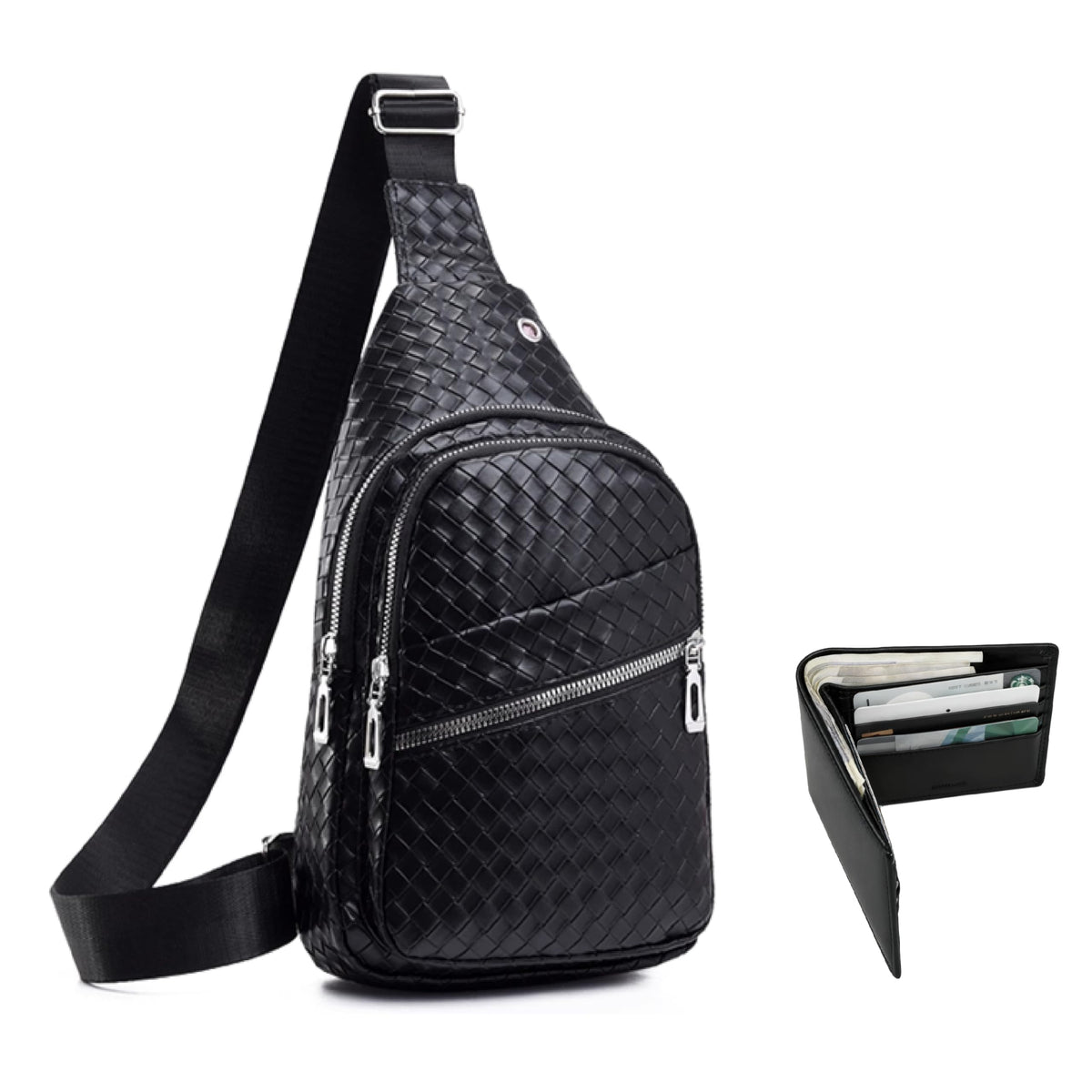 2 Pack Sling Bag Set, PU Leather Sling Bag with Classic Wallet, Multi-Zipper Design for Travel, Outdoors