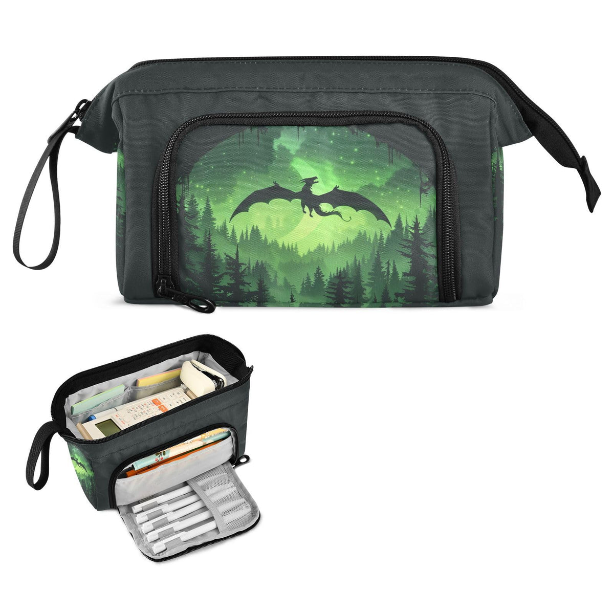 Sletend Cool Dragon Green Pencil Bag Pencil Case for Teen Boy Girl, Big Capacity Pen Bag Zipper Pencil Pouch with Handheld Aesthetic Pencil Pouch with Print School Office Pencils Stationery