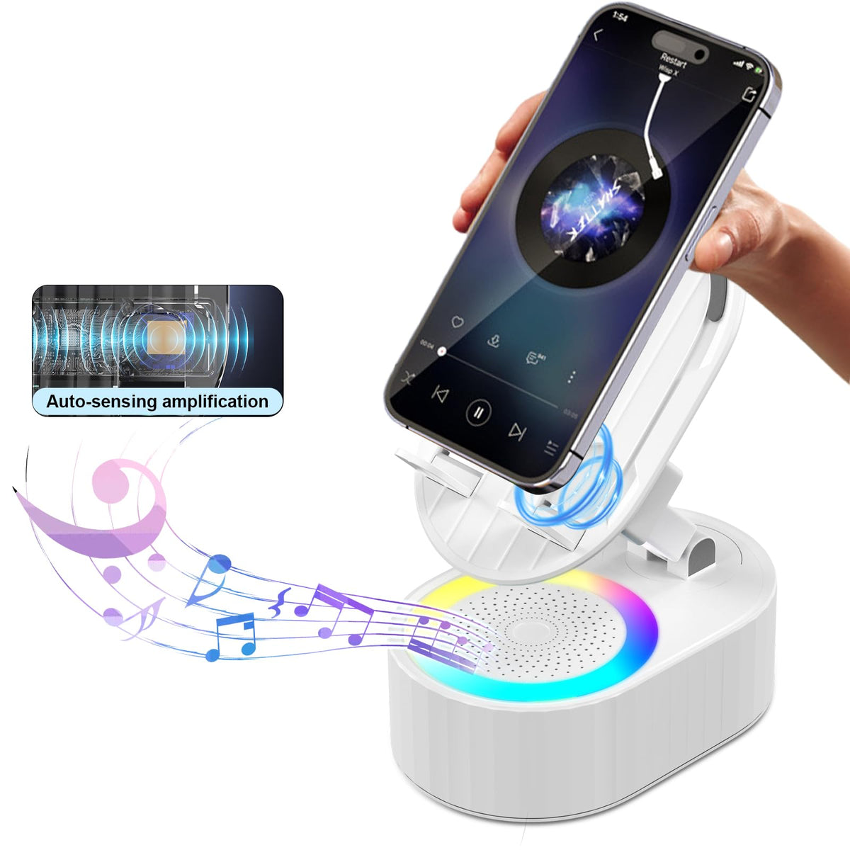 AKLLCCR Wireless Induction Audio Bluetooth Speaker 5in1 Phone Holder Emergency Rechargeable (3000mAh) with Colorful Ambient Light 300° Foldable for Tablet iPhone Android, Gifts for Men Women (White)