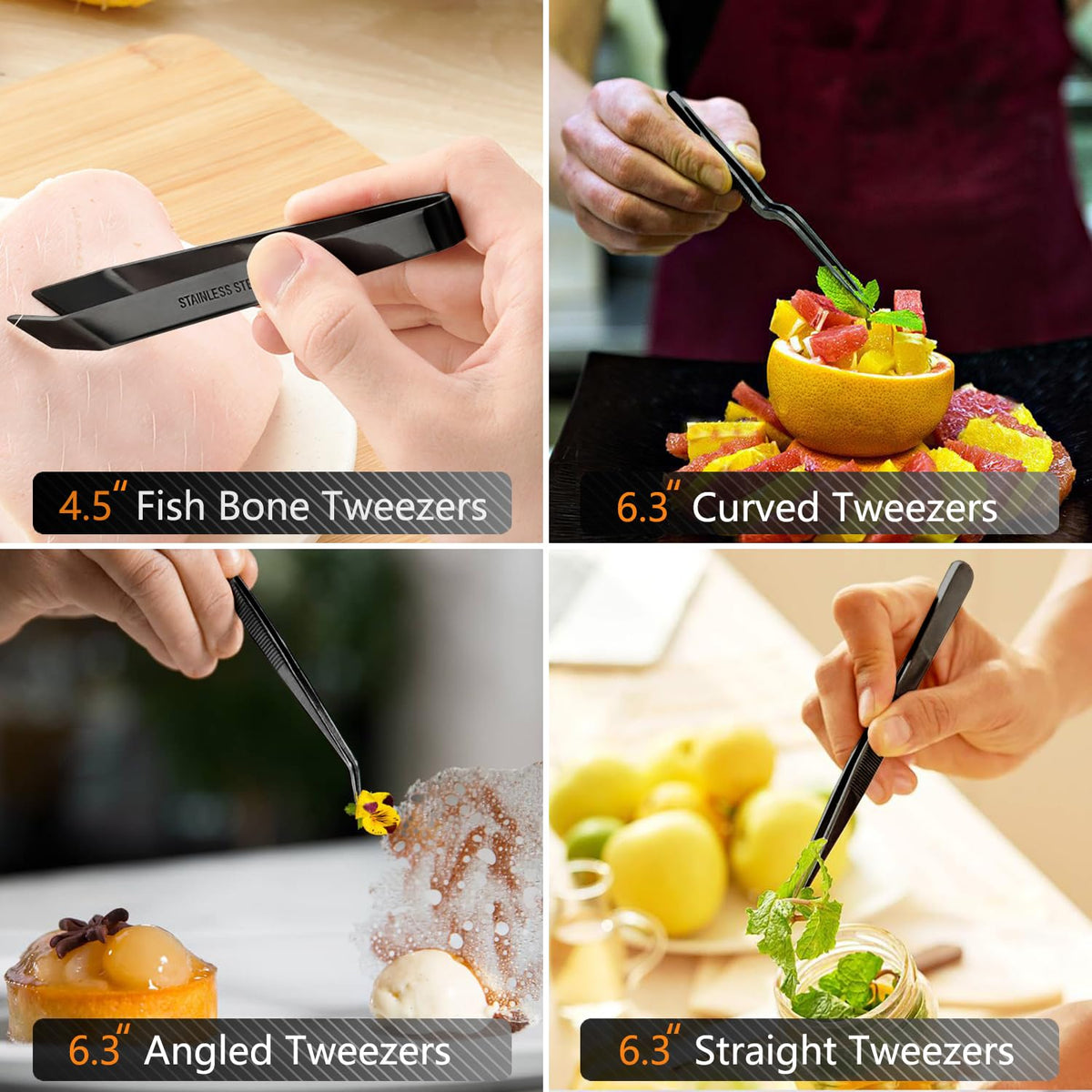 JETKONG 6 Pcs Cooking Tweezer Tongs, 12'' and 6.3" Stainless Steel Kitchen Tweezer Set, Professional Chef Tweezers for Cooking, Repairing, Sea Food, BBQ, Multi-use (Black)