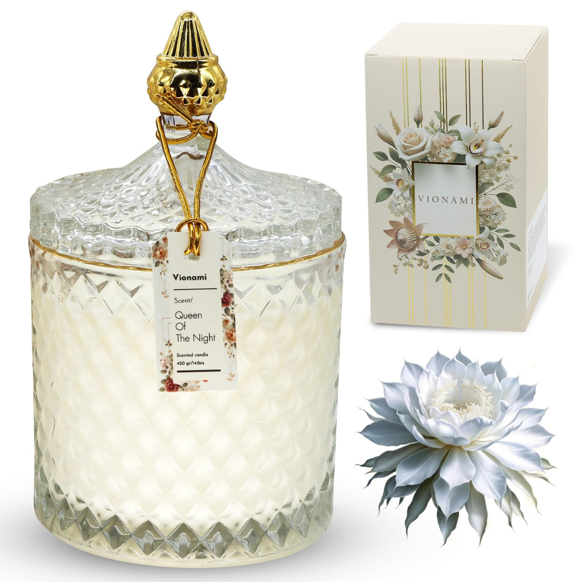 VIONAMI Luxury Scented Candle Gift – Queen of The Night Rare Flower Fragrance in Elegant Glass Jar, Decorative Soy Candles Gifts for Women, Long-Lasting 80 Hr, 14.8 oz, Luxury Candles for Women
