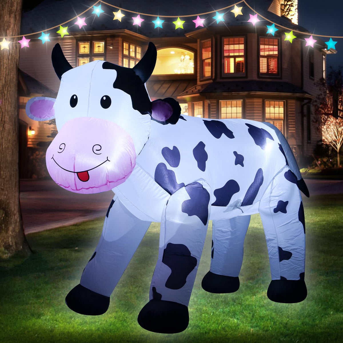6FT Inflatable Cow Outdoor Decoration,Built-in LED Lights Indoor Outdoor Yard Lawn Ranch Blow Up Cute Animal Milk Cow,Christmas Holiday Display Spring Decorations for Garden Farm Themed Party