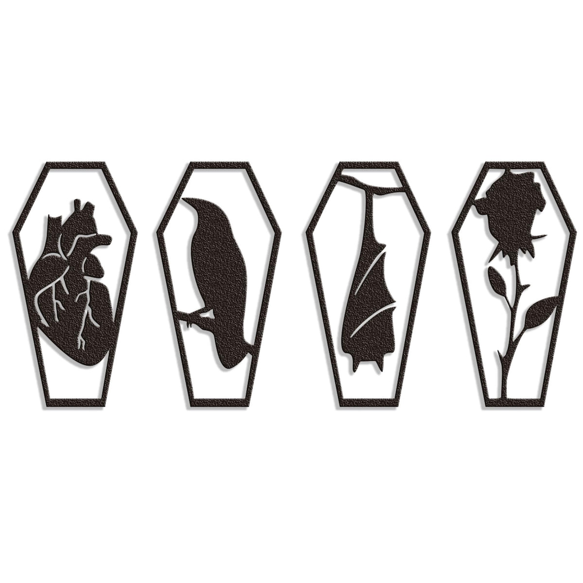 YATEASLU Gothic Coffin Wall Decor Set of 4 Metal Heart, Crow, Bat, Rose Sculptures for Gothic Home Decor, Bathroom, Kitchen, Office - Spooky Halloween Wall Decor with Screws