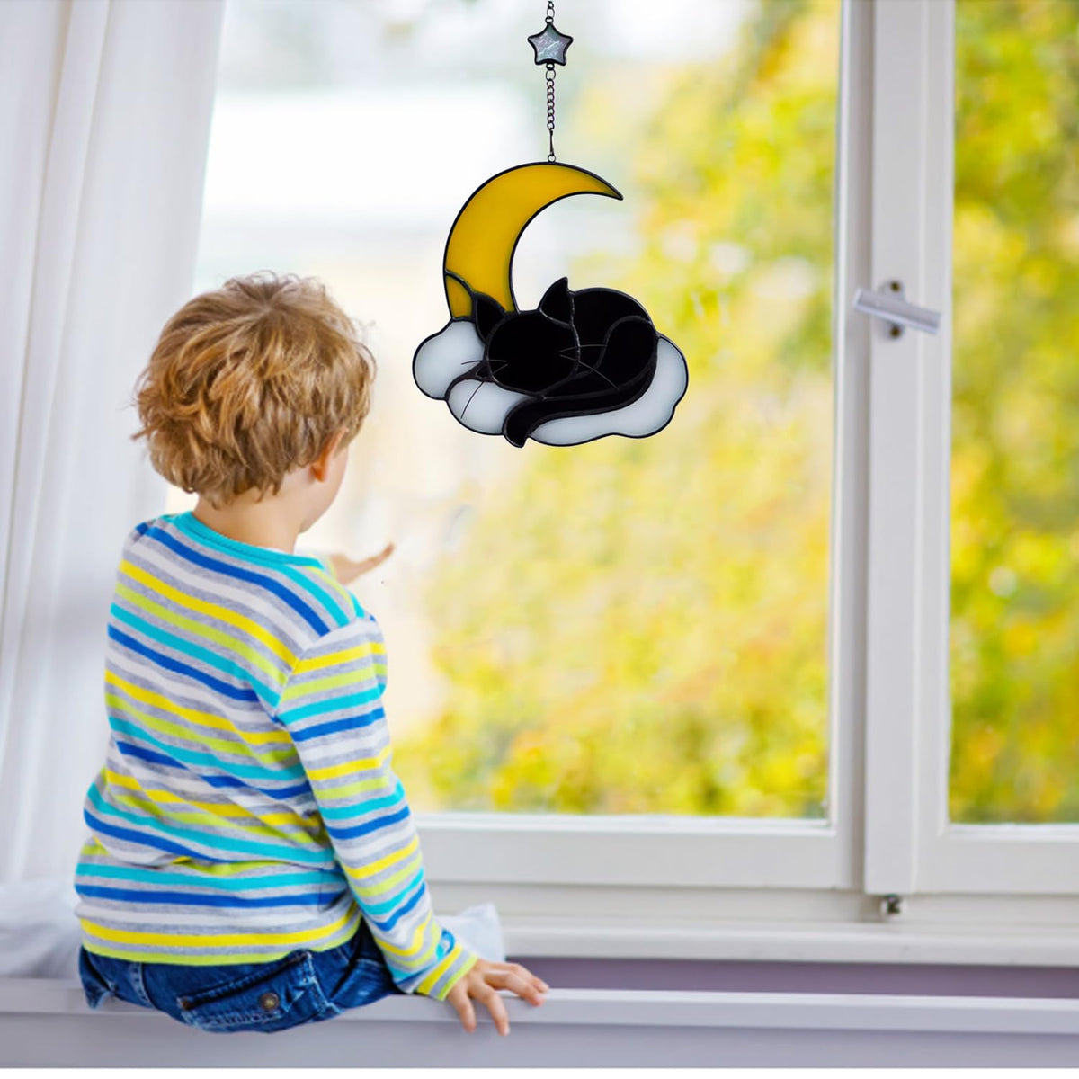 Sleeping Cat Stained Glass Windown Hanging,the Black cat Sleeping Under the Companionship of Stars and Moon,Beautiful Handcrafted Sun Catcher Gifts for Daughter,Mothers Day