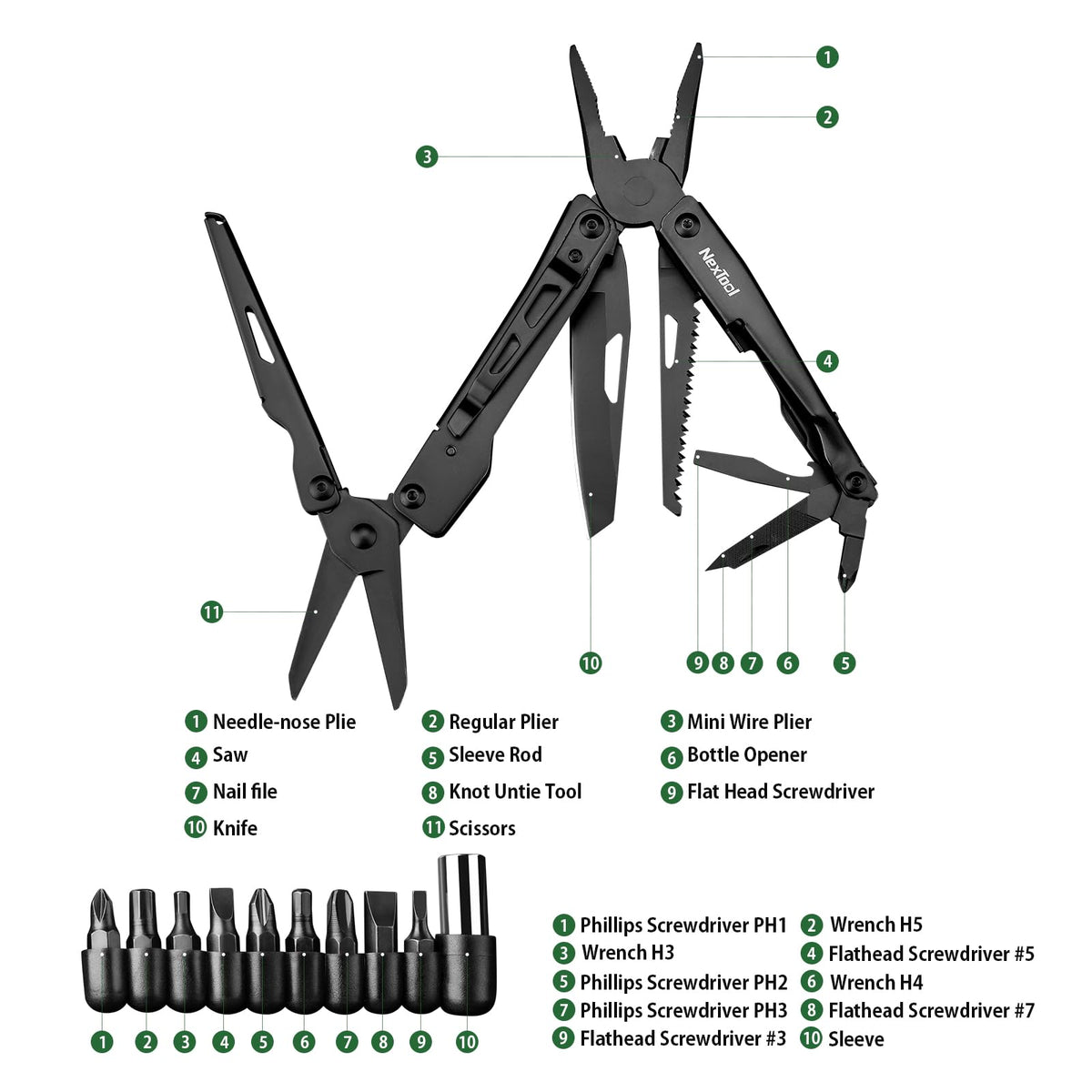 NexTool Multitool, 11 in 1 Multi Tool with Needle Nose Pliers, Scissors and Screwdriver Bits, Stainless Steel Multi Tool Pocket Knife with Safety Locking for Camping,Fishing,Hiking, Mens Gifts Unique