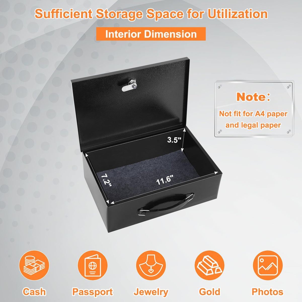 KYODOLED Fireproof Document Box with Key Lock, Small Lock Boxes for Personal Items, Fire and Water Resistance, Fireproof Safe Box for Documents, Jewelry, Passport, Cash, 12.6'' x 8.3'' x 4.3'' Black