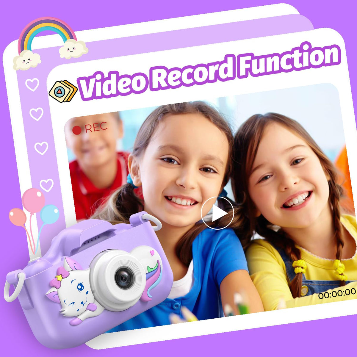 Goopow Kids Selfie Camera Toys for Girls Age 3-9, Digital Video Camera Toy with Protective Cover,Christmas Birthday Festival Gifts for 3-9 Year Old Girls Boys- 32GB SD Card Included (DC-H21-PURPLE)