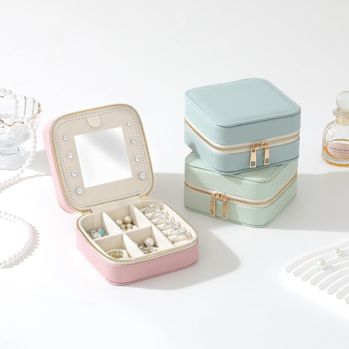 NGVRC Genuine Leather Travel Jewelry Organizer Case with Mirror for Women, Small Mini Portable Jewelry Box for Ring Earrings Necklace Bracelet Luxury Gift for Women（Lilac）