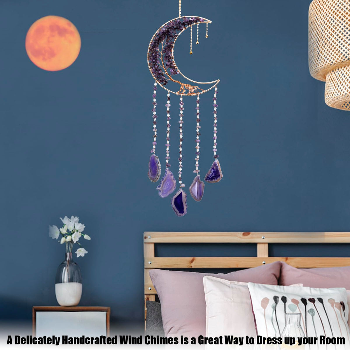 Moon Wind Chimes With Amethyst Tree for Purple Room Aesthetic, Hanging Crystal Decor for Home Wall, Purple Bedroom for Women, Unique Gifts for Women or Teen Girls