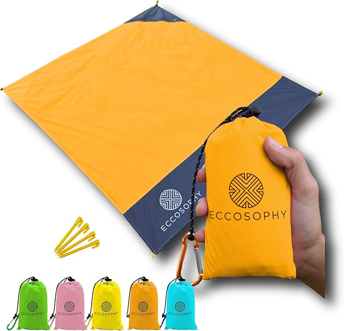 ECCOSOPHY Sand Proof Beach Blanket - Waterproof Picnic Blanket 60x55 Outdoor Compact Pocket Blanket Lightweight Ground Cover for Hiking Camping Festivals Sports Travel with Bag & Stakes (Orange)