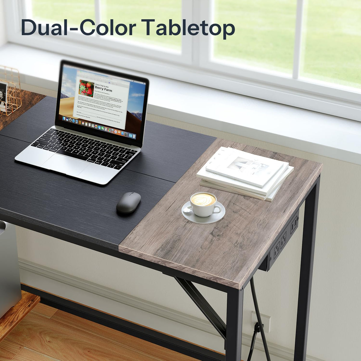 HOOBRO Computer Desk, Home Office Desk with Power Outlet, Writing Desk with 2 Shelves, Modern Small Desk for Home Office, Study, Easy to Assemble, Charcoal Gray and Black BG43UDN01