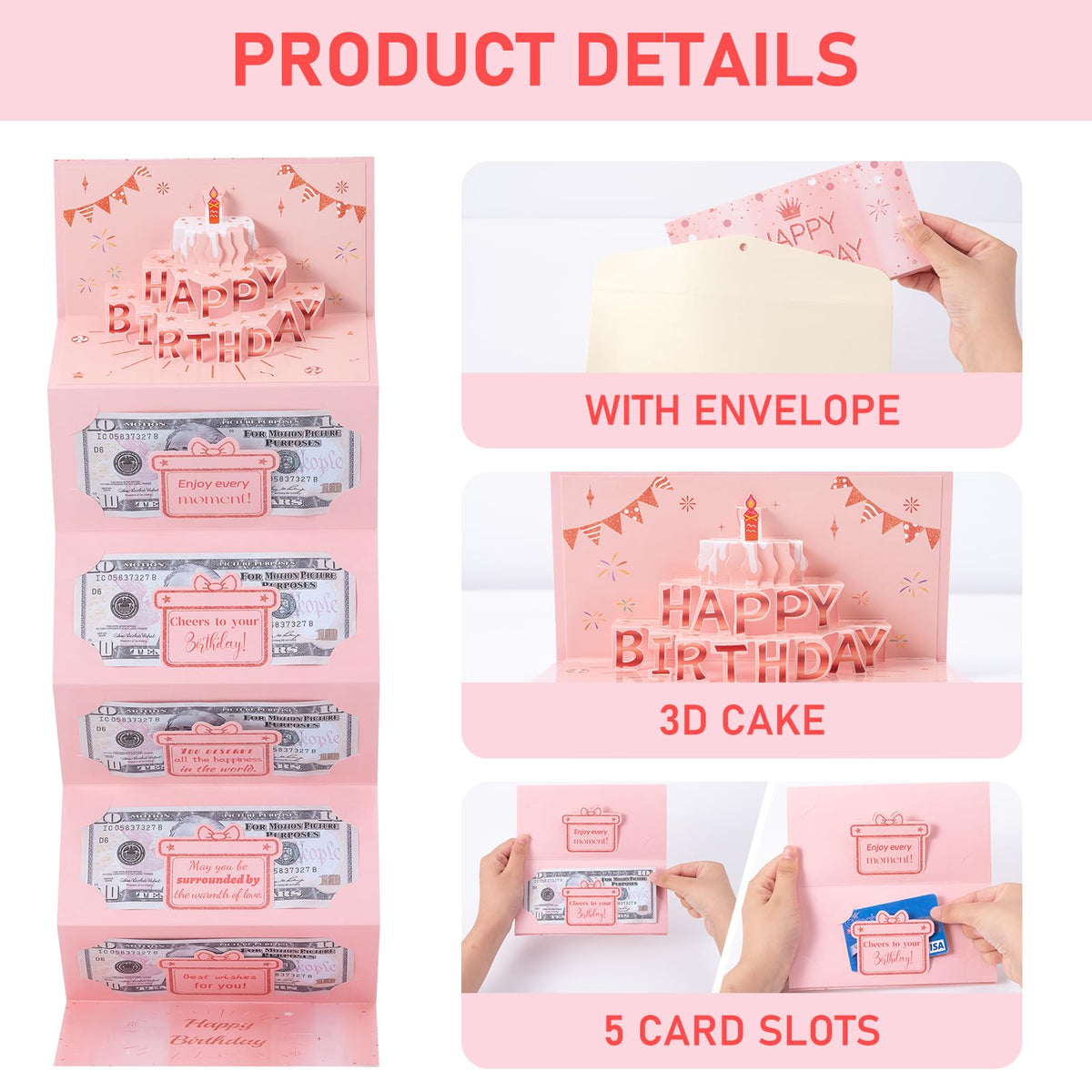 HOMANGA Birthday Money Envelope for Cash Gifts, Birthday Money Holder with 3D Cake, Birthdays Cash Gift for Men Women Girls Boys (Pink)