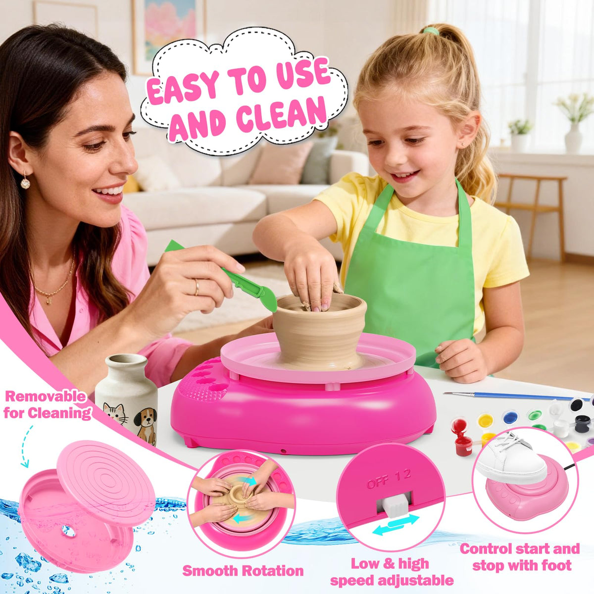 Pottery Wheel for Kids Complete DIY Pottery Painting Kit, Arts and Crafts for Kids Ages 8-12 with 3 Air-Dry Clay Packs and Tools, Art Supplies Toys Birthday Easter Gift for Boys Girls 6+ Years Old