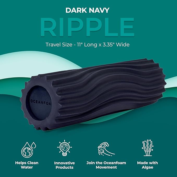 Oceanfoam Ripple Travel Foam Roller (11" x 3.35") Firm Mini Foam Roller for Physical Therapy, Deep Tissue Massage, Back Pain, High Density, Ergonomic Wave Textured, Yoga, Pilates, Exercise (Dark Navy)