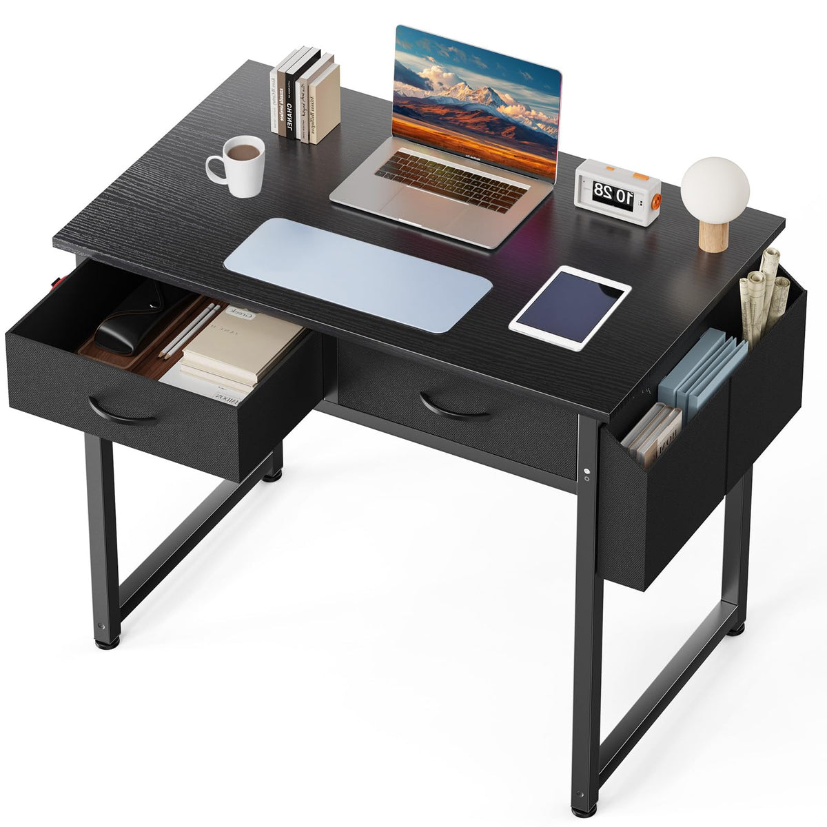 DUMOS 32" Home Office Computer Desk with Drawers, Small Gaming Writing Study Table with Storage Side Bag, Headphone Hook and Adjustable Feet for Bedroom Black