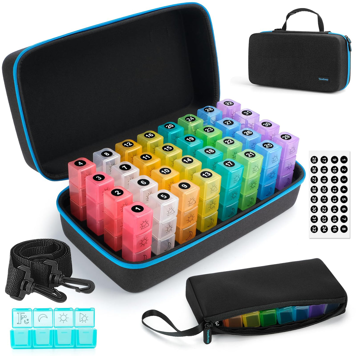 Monthly Pill Organizer 4 Times a Day, Pill Box Organizer with 32 Daily Compartments, 30 Day Pill Organizer 4X a Day Pill Holder with Hard Shell Travel Case with Weekly Pill Bag 4 Times a Day