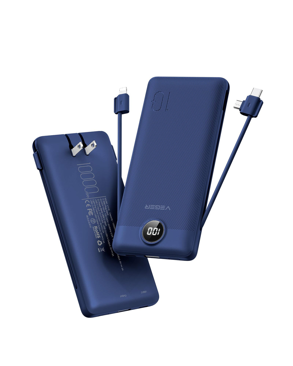 VEGER Portable Charger with Built-in AC Plug and Cables, All in One 10000mAh Ultra Slim Power Bank Travel Essentials, Fast Charging Battery Pack Compatible with iPhone, Samsung, Android (Navy)