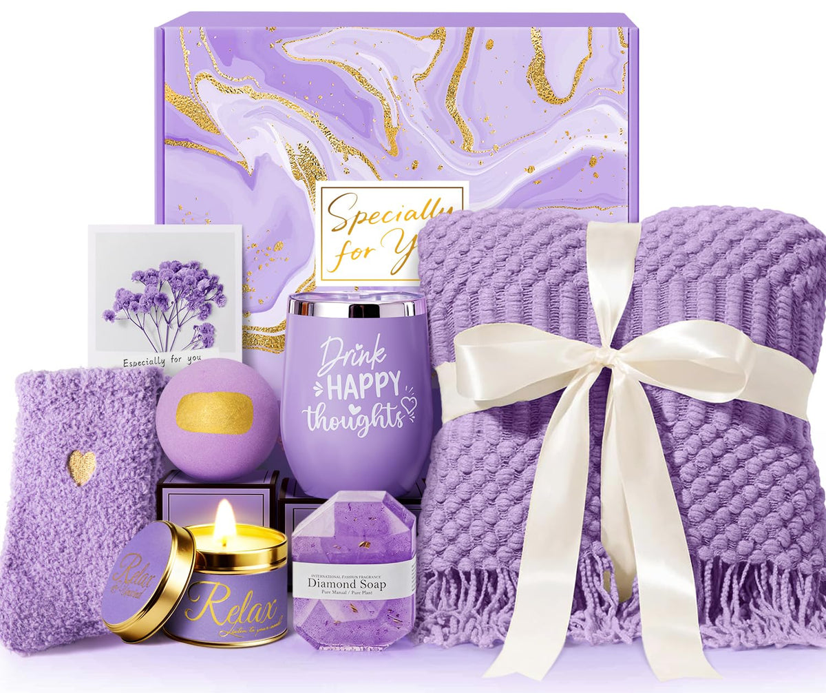Mothers Day Gifts for Mom Wife Grandma Daughter Sister Friends, Self Care Get Well Gifts, Lavender Relaxing Spa Gift Basket Care Package w/Blanket, Birthday Gifts for Women Her Girlfriend Aunt Teacher