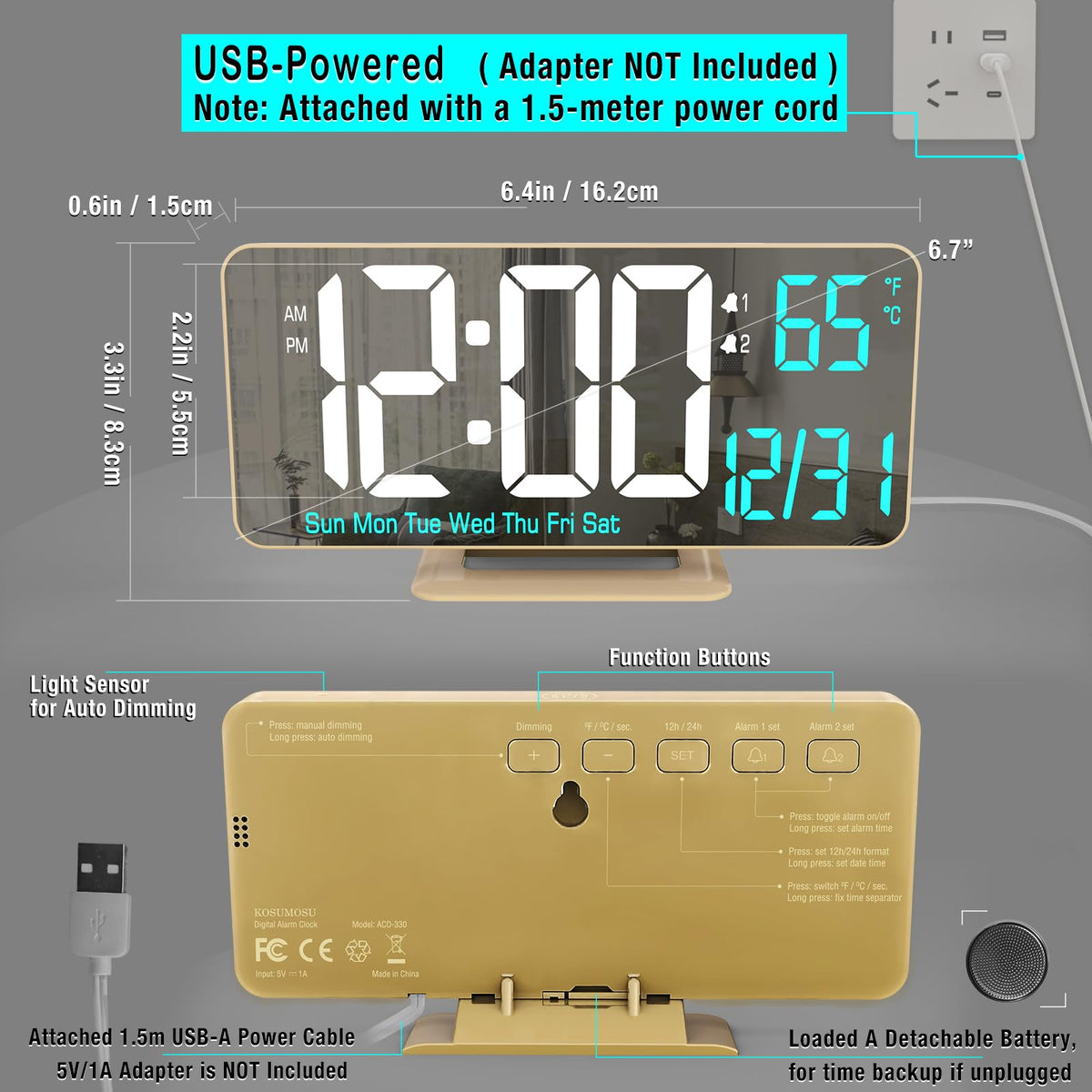 KOSUMOSU Dual Alarm Clock 6.7in Gold Desk Clock with Dimming, 12/24h, Seconds, Date, Day of Week, Temp, Digital LED Clock for Bedroom, Digital Calendar Clocks for Living Room Gold Desk Accessories