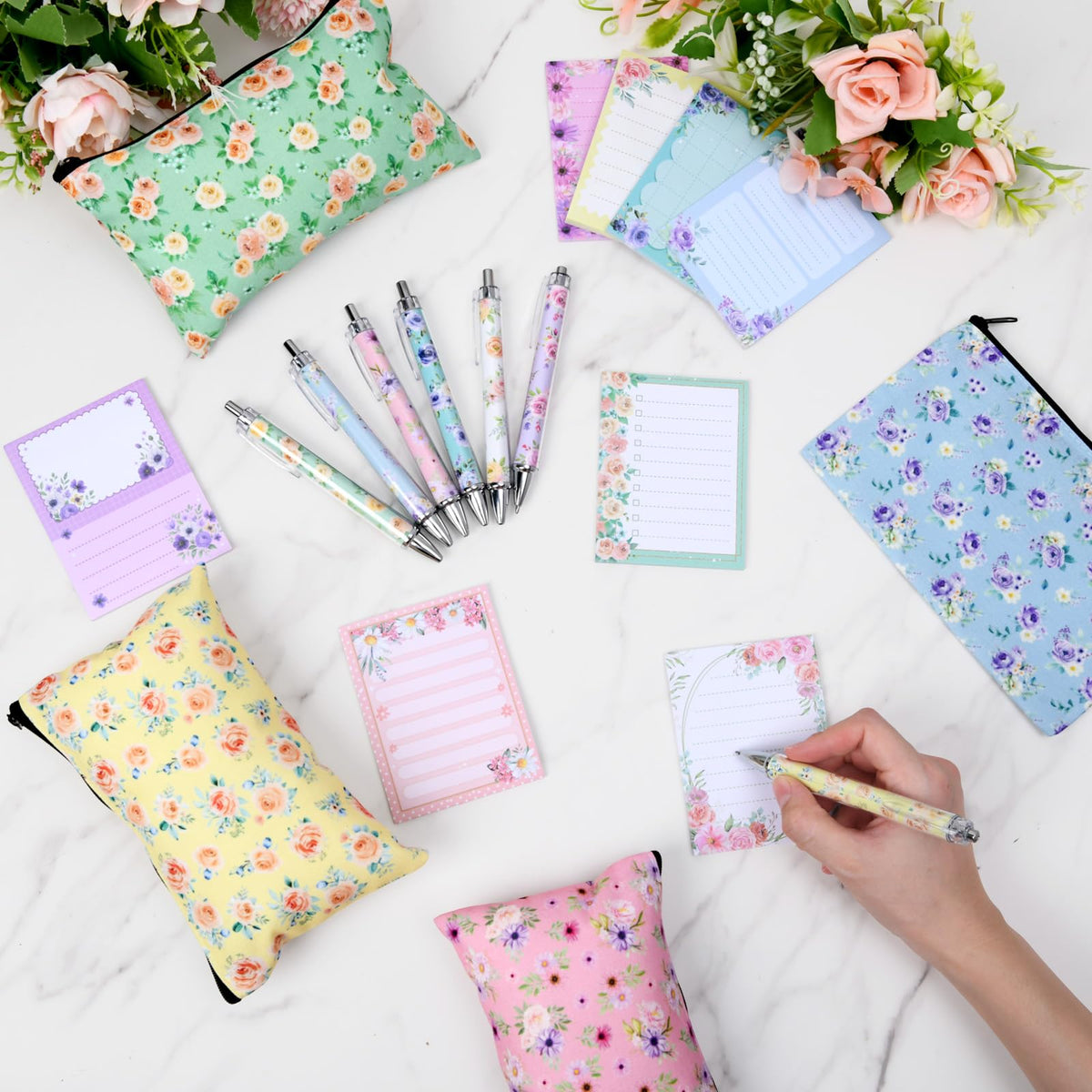 Eaasty 20 Pieces Flower Gift for Women Sticky Notes with Floral Pens, Pencil Bags Makeup Bags, 3 x 4 Inches Cute Note Pads, Funny 1.0 mm Ballpoint Pens, Office Supplies for Women