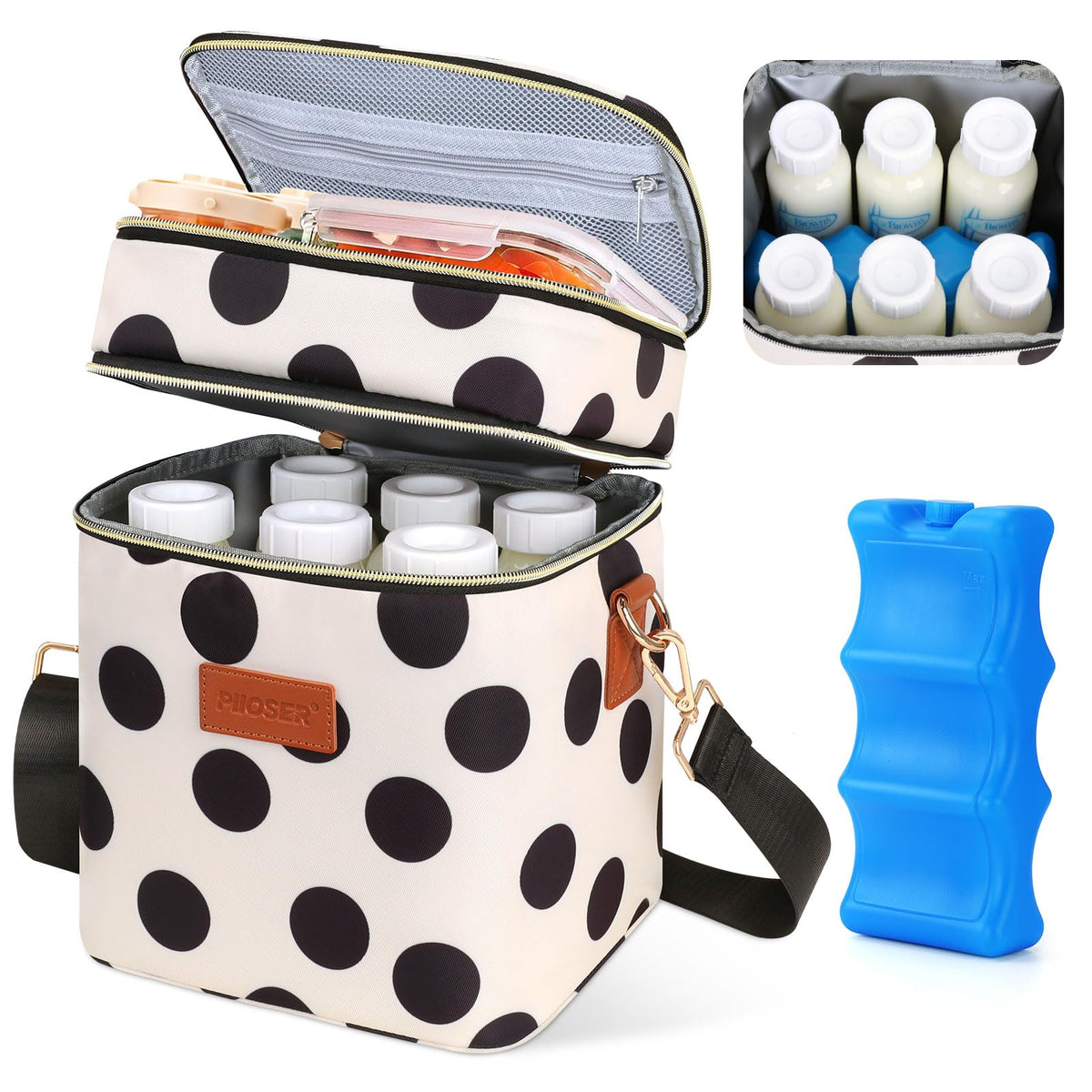 PIIOSER Breastmilk Cooler Bag with Ice Pack, Fits 6 Baby Bottles Up to 9 Oz, Stylish Baby Cooler Travel Bags with Shoulder Strap, Double Layer & Leakproof for Nursing & Working Moms, Black Polka Dots