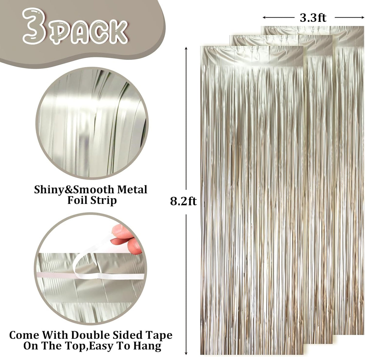 Voircoloria Matte Champagne Foil Fringe Backdrop Curtains - 3 Pack of 3.3 x 8.2 ft Tinsel Streamers for Parties