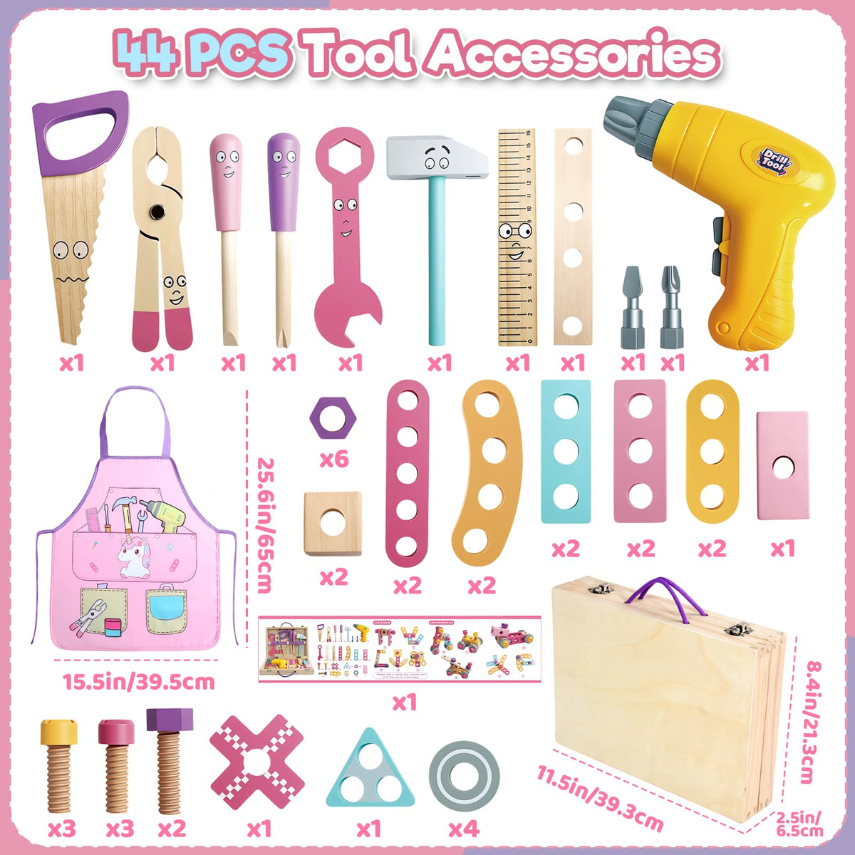 TONZE Pink Wooden Kids Tool Set with Drill 44Pcs Educational Montessori Toys for 3 Year Old Girl, STEM Toys Toddler Tool Set with Apron & Box Birthday Gifts for 3 4 5 6 Year Old Girls