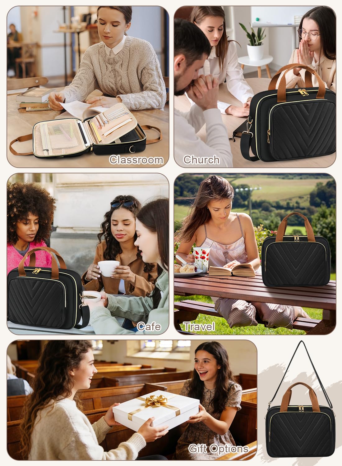 Large Bible Bags for Women, Bible Cover Case with Highlighters Tabs Quilted Book Travel Case w/Shoulder Strap, Bible Study Supplies Journaling Kit Accessories Christian Gifts for Women Girl