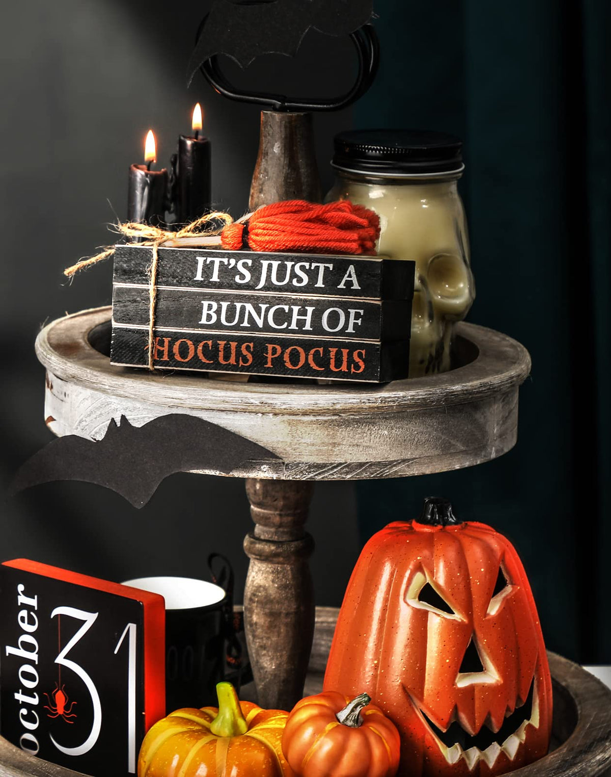 Halloween Wood Book Stack, Hocus Pocus Mini Faux Books Bundle, Halloween Tiered Tray Decor for Home Table Mantle Shelf