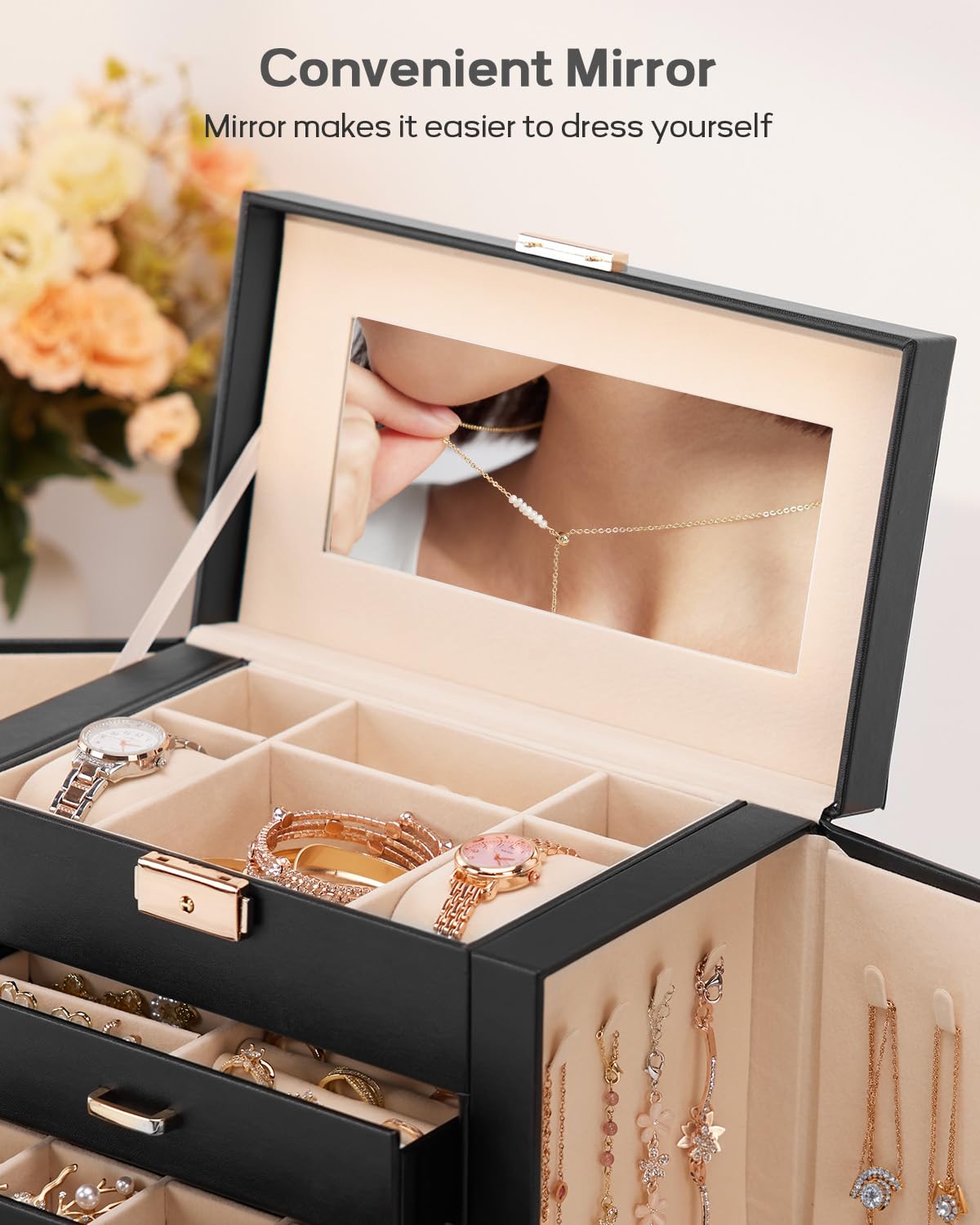 Homde Synthetic Leather Huge Jewelry Box Mirrored Watch Organizer Necklace Ring Earring Storage Lockable Gift Case (Black + Gold)