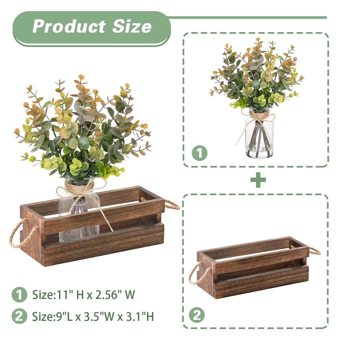 Fawairyc Artificial Eucalyptus Stems in Glass Vase with Faux Water,Combined with Wood Tray Centerpiece Table Decoration,11" Fake Plant with Orange-Green Leaves for Home Decor