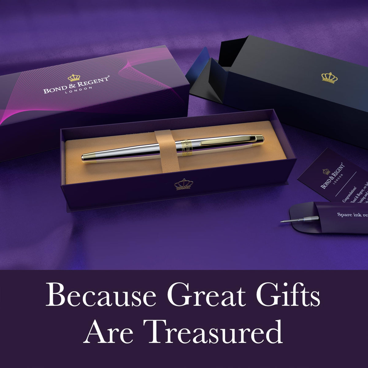Bond & Regent 24 Karat Gold Luxury Rollerball Pen - Fancy Executive Professional Writing Gift Set for Men & Women, Nice Pens, Silver Chrome