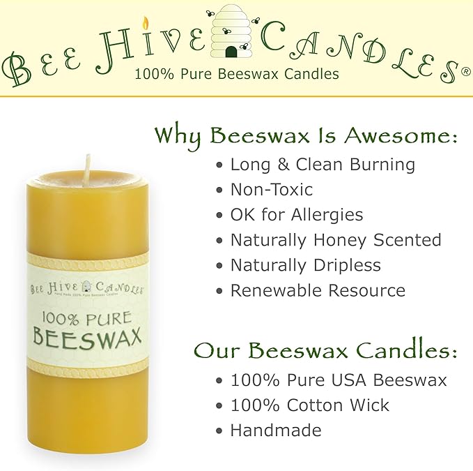 100% Pure Beeswax Pillar Candle (3" x 6") | Natural Beeswax Candles | Soy, Paraffin & Fragrance Free | Handmade in The USA