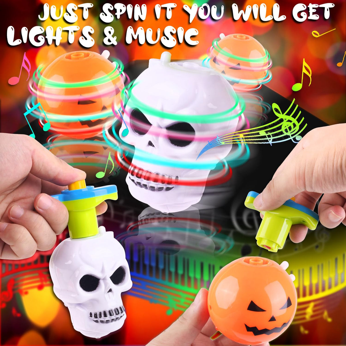 DERAYEE Halloween Basket Stuffers for Kids, 3PCS LED Pumpkin Skull Light Up Spinning Tops Halloween Spinning Toys Gifts for Halloween Party Favors Goodie Bag Fillers Classroom Rewards