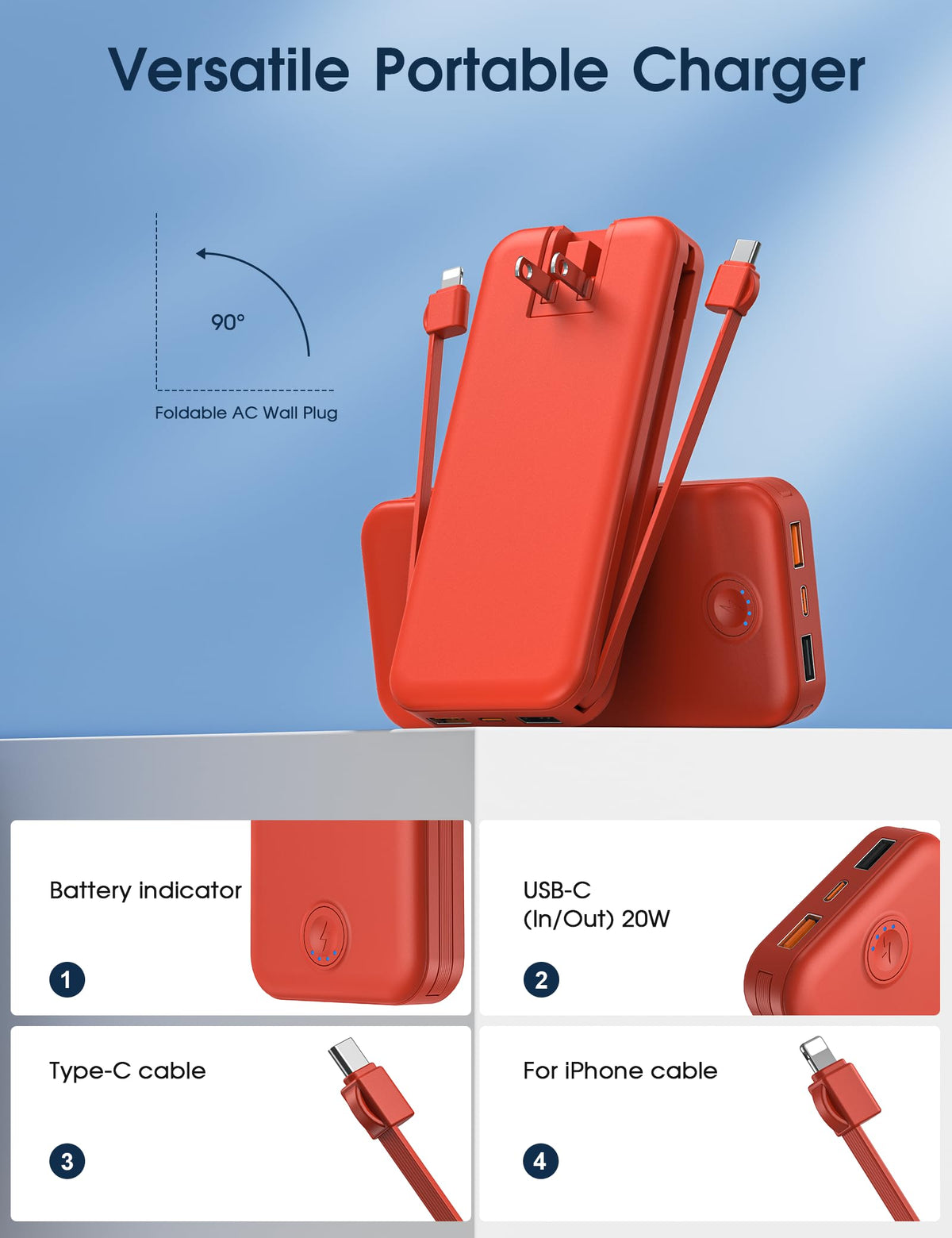 Nusyddy Portable Charger, 10000mAh PD20W Fast Charging Power Bank with Built-in Cables & Wall Plug, Travel Essentials External Battery Pack, USB C Battery Phone Charger for iPhone, iPad, Samsung Red