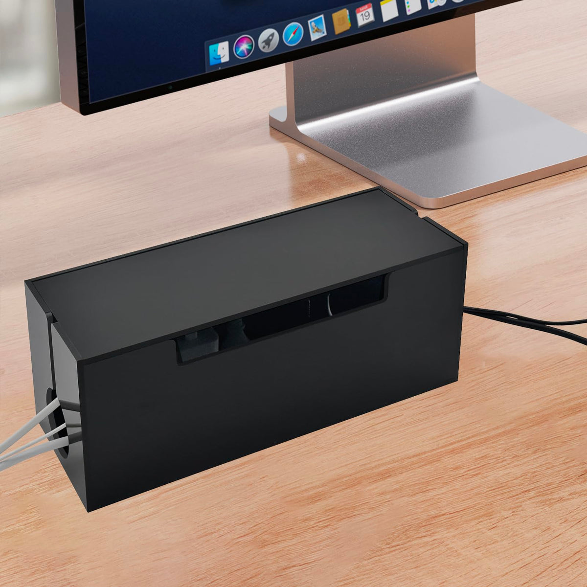 Cable Cord Organizer Box, 2 Open Slots Cords Hider Box, Under Desk Power Strip Organizer and Floor Cables Storage, Black