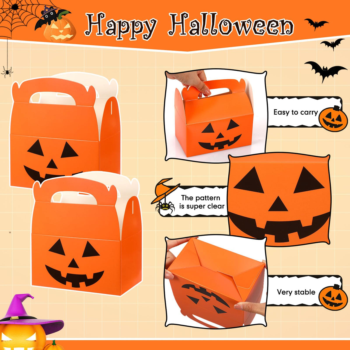 Lincia 50 Pcs Halloween Treat Boxes Candy Boxes Cardboard Pumpkin Box Set Holiday Goodie Bags Bulk for Halloween Birthday Party Treat Cookies Party Favors