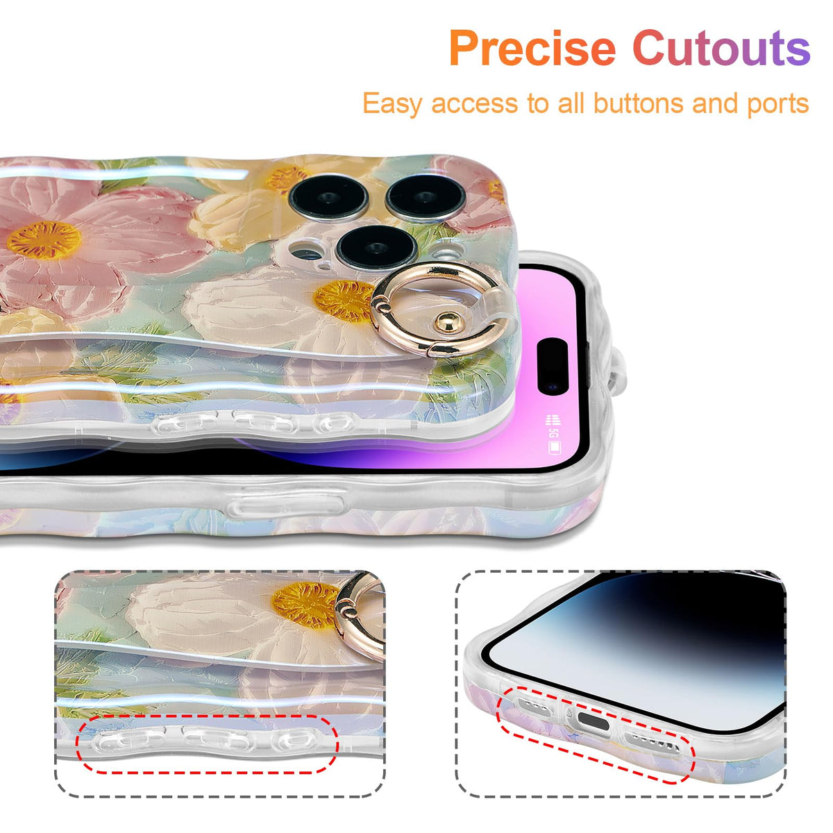 EYZUTAK Case with Hand Strap for iPhone 15 Pro, Colorful Oil Painting Flower Case with Wristband Kickstand Laser Curly Wave Edge Stylish Durable TPU Protective Cover for Women - Green