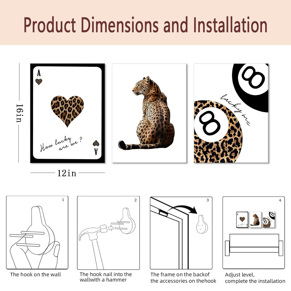 Trendy Leopard Wall Art Set of 3 Cheetah Print Canvas Wall Decor Lucky 8 Ball Paintings Posters Prints Preppy Room Aesthetic Pictures Artwork for Living Room Bedroom Apartment Dorm 12x16inch Framed
