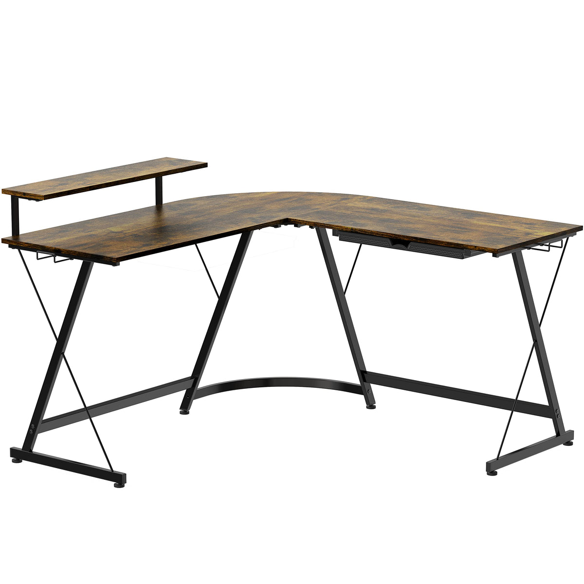 SHW 51 x 51 Inches Vista L-Shaped Desk with Monitor Stand and Drawer, Rustic Brown