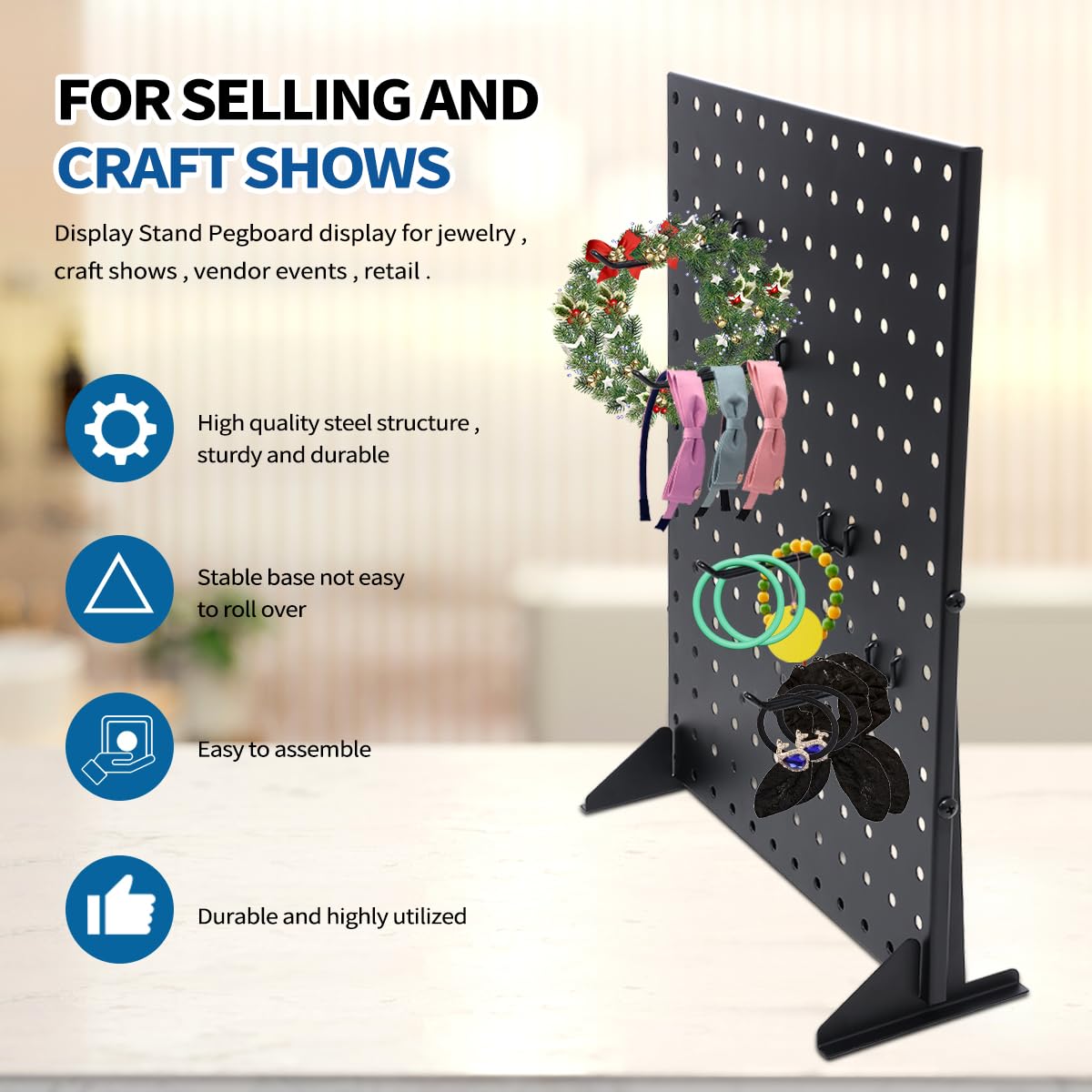 2Pcs Metal Pegboard Display Stand with 24 Peg Hooks for Craft Shows & Fairs,Black Jewelry Retail Display Rack for Selling Accessories,Display Stands for Earring,Pin Stands,Retail Vendors(16*12inch)