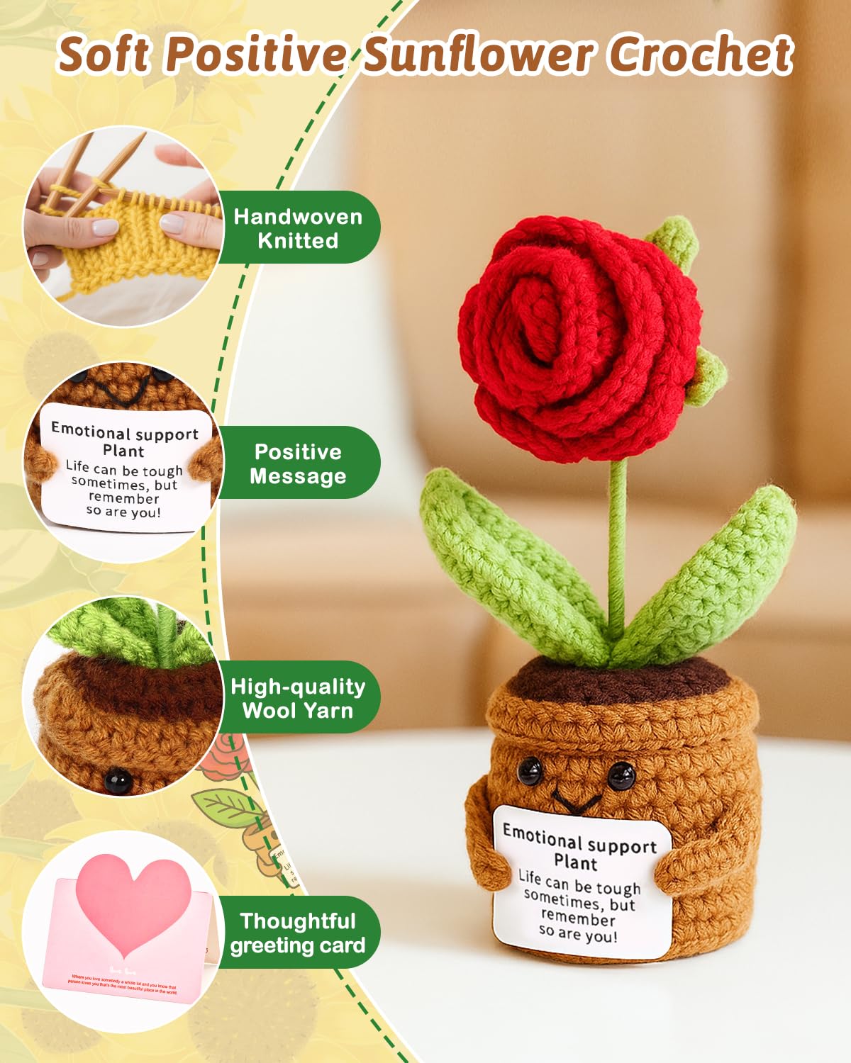 Argefkeen 2pcs Knitted Flowers Sunflower Gifts for Women Handmade Knitted Planters with Card Gifts Birthday Gifts for Women Mom Family Friend Teacher Coworker Xmas Party (2pcs)