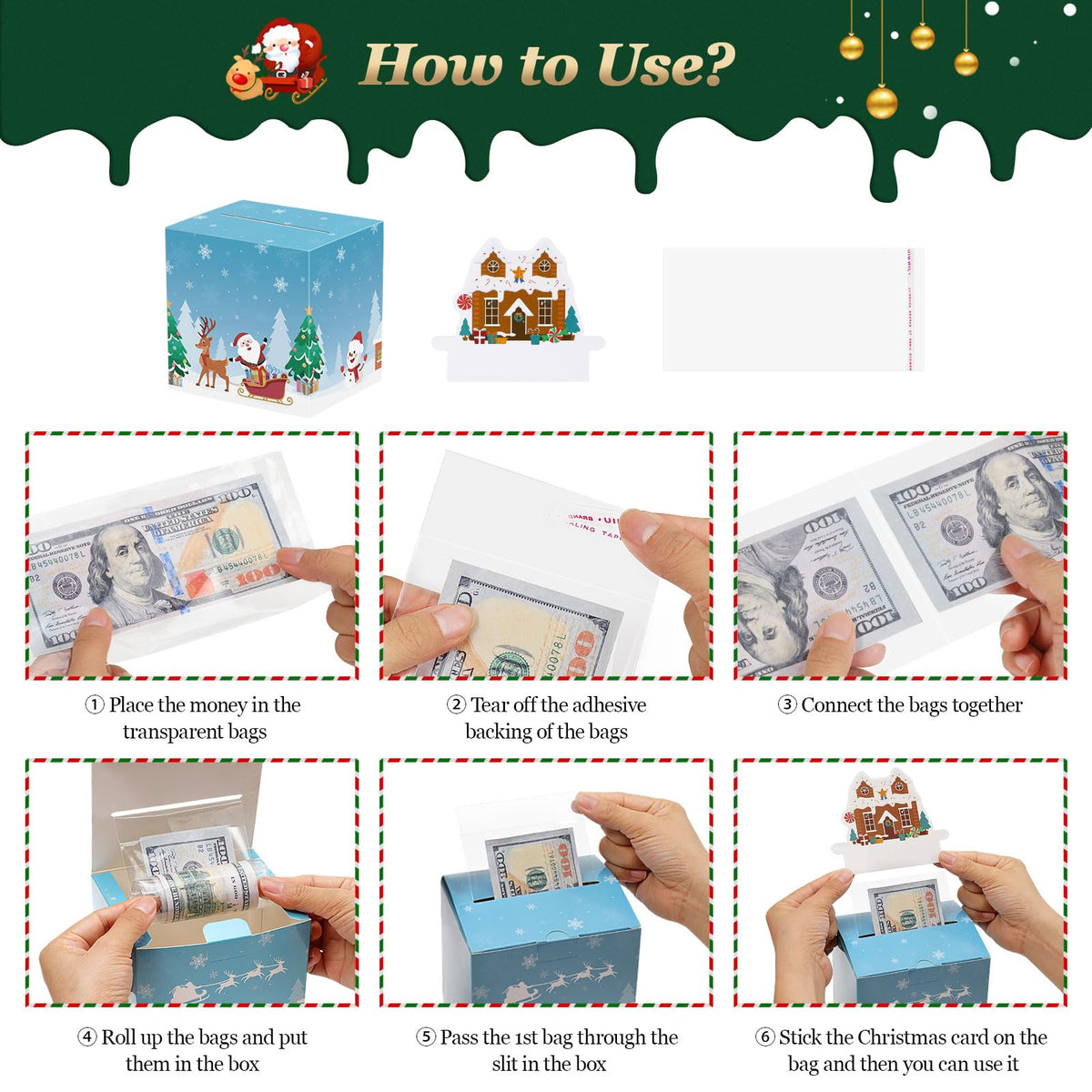 MoKo Christmas Money Box for Cash Gift Pull, 6 Pack Surprise Money Gift Box for Kids Adults with 160 Pcs Transparent Bags, A Fun Way to Give Cash to Girls and Boys, Christmas Decor Ideas, Red and Blue