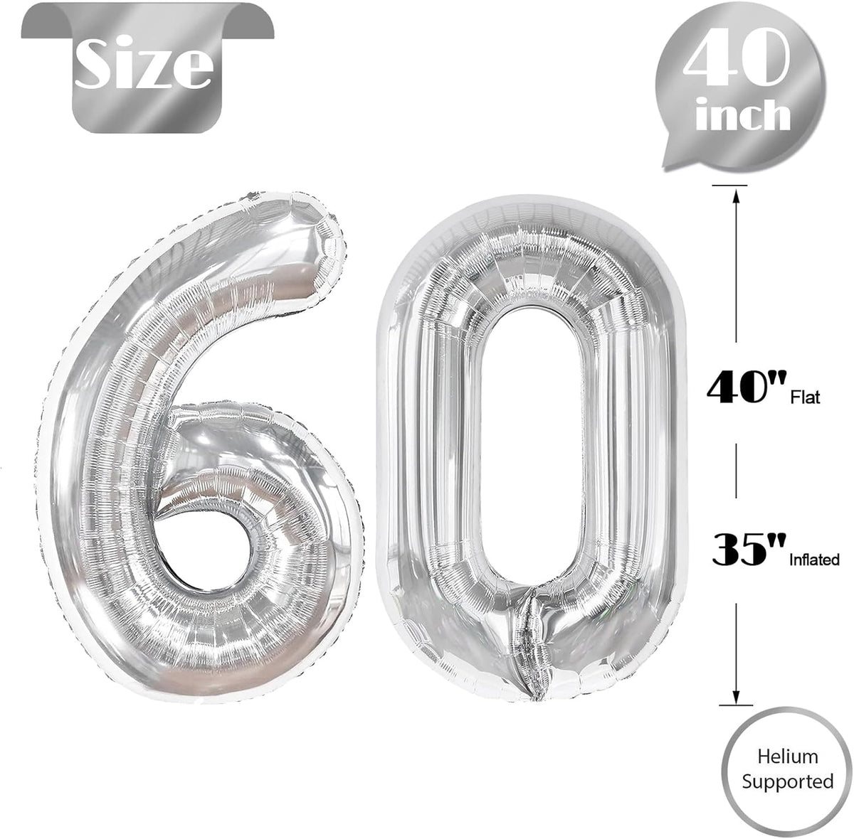 Silver Number 60 Balloon - 40 Inch Metallic 60th Birthday Decoration for Men & Women