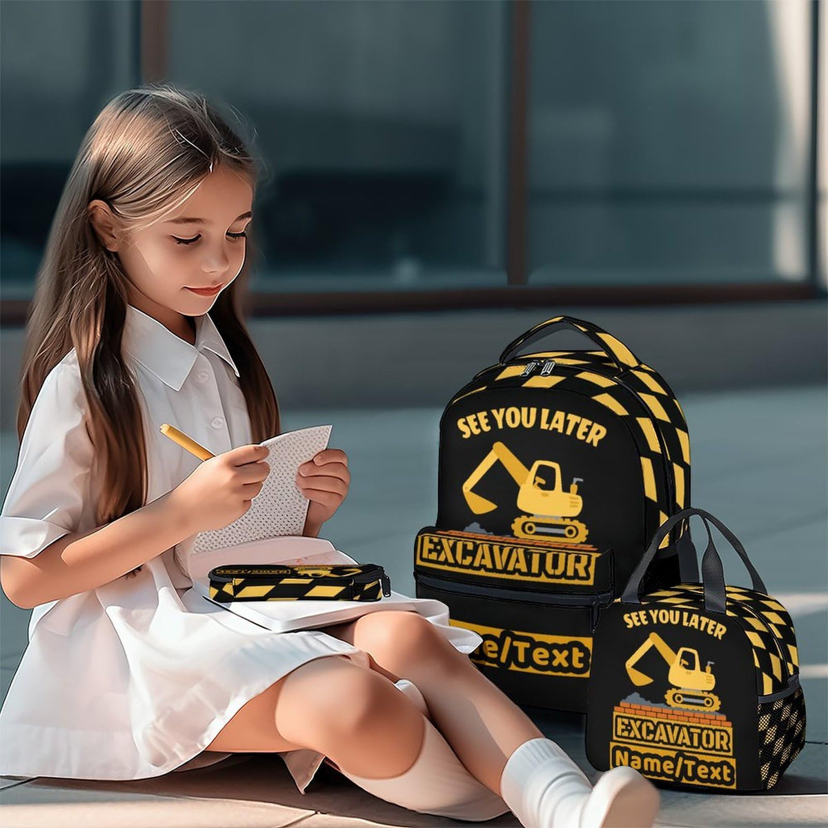 PoshWrap Personalized Excavator Backpack with Lunch Box - Set of 3 Custom Backpacks Matching Combo - Utility Black Bookbag and Pencil Case Bundle